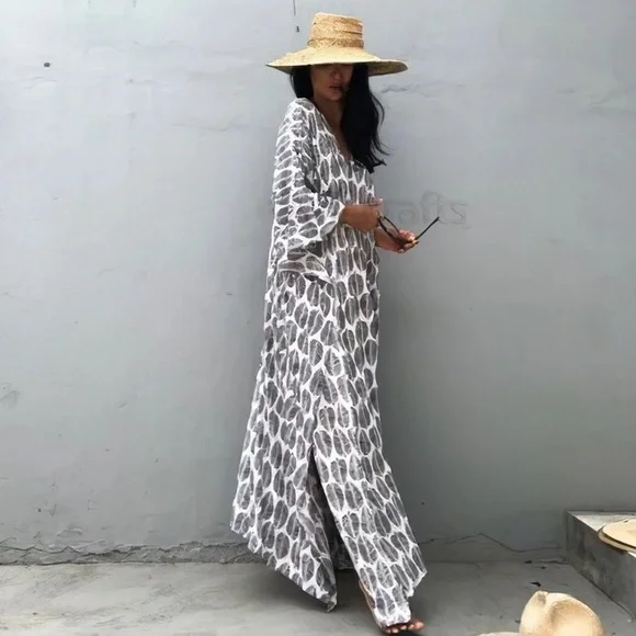 Grays Feather Foil Leaf Bohemian Gypsy Kaftan With Side Slit, Leaf Print - Picture 4 of 7